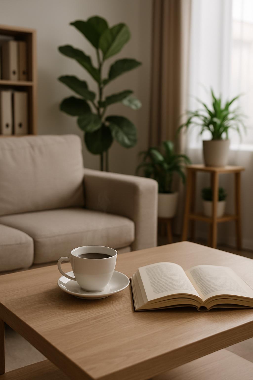 A serene desk scene with a zen garden, stones, and mindfulness tools representing the peaceful therapeutic environment