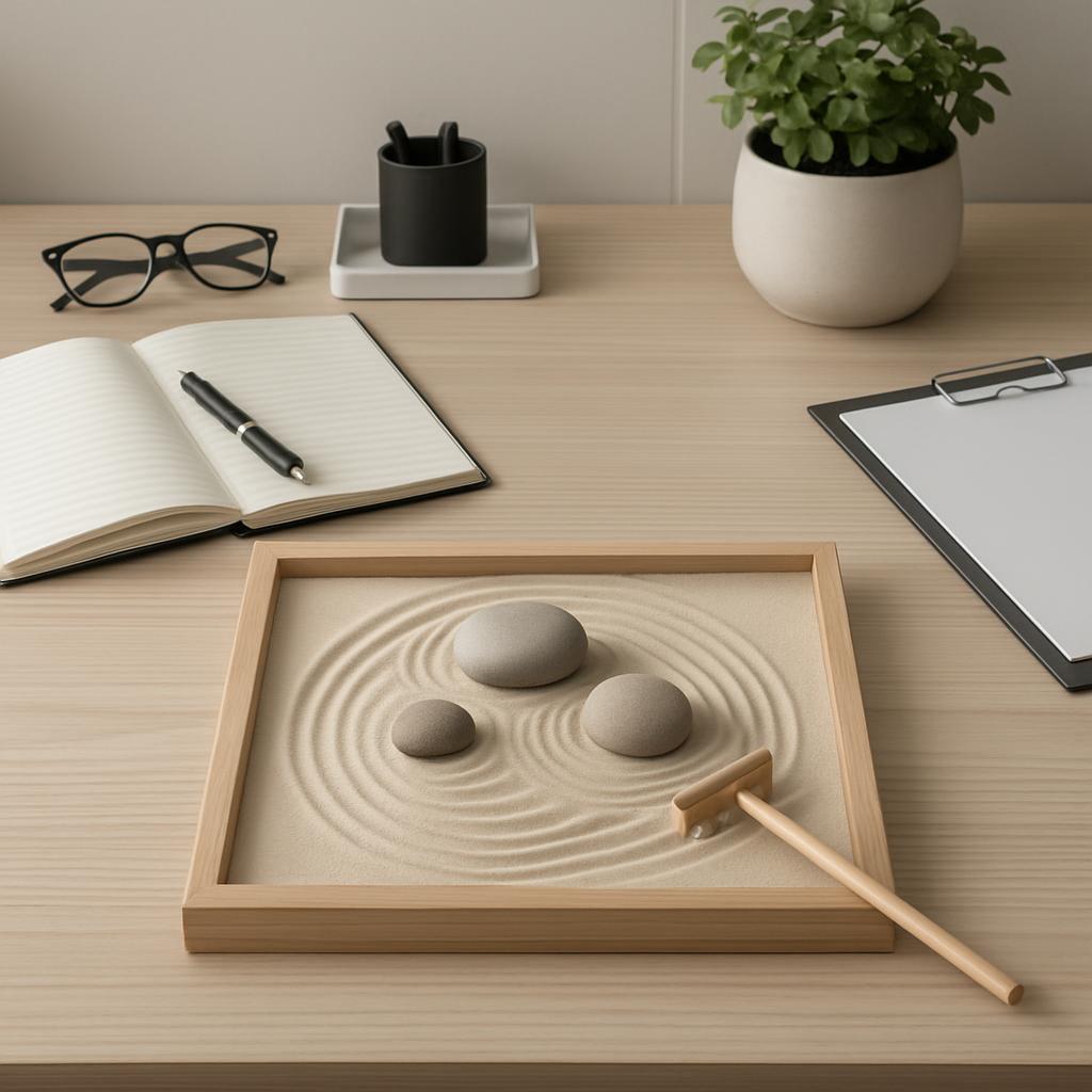 A serene desk scene with a zen garden, stones, and mindfulness tools representing the peaceful therapeutic environment
